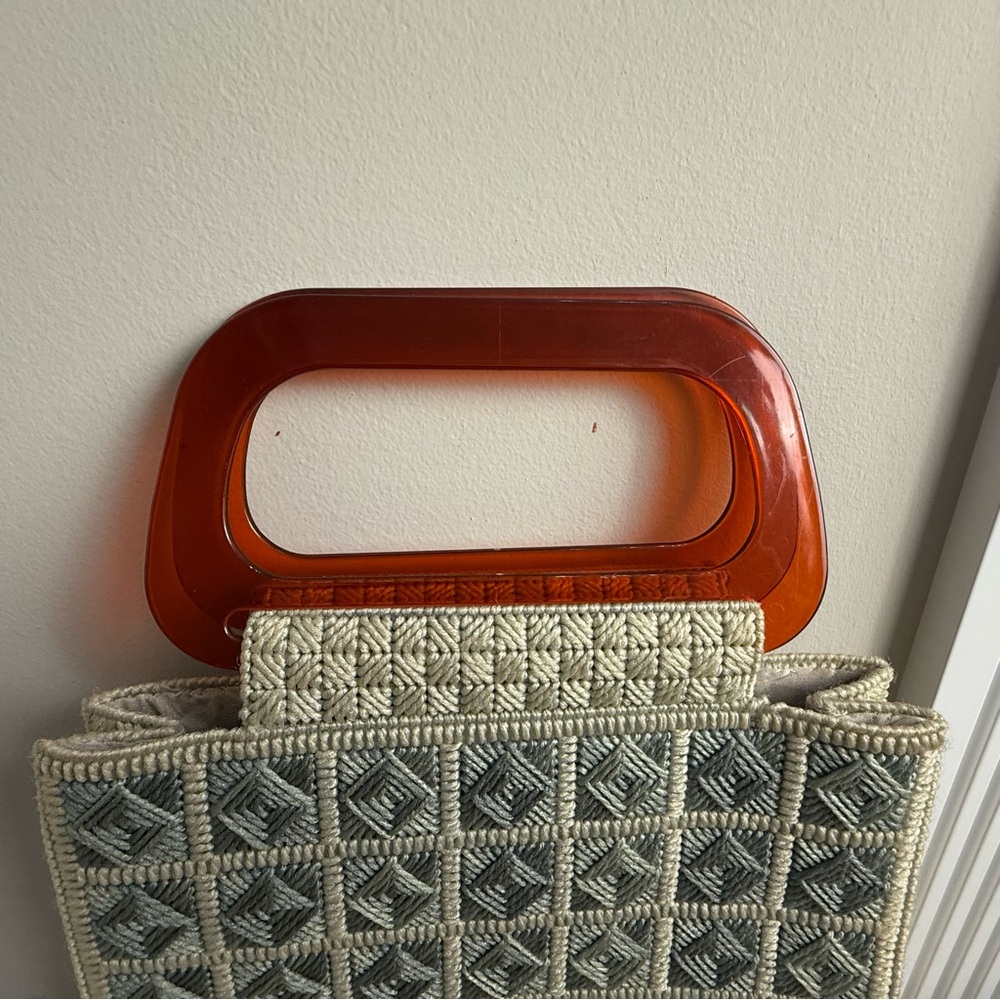 Vintage Cream and Gray Tote with Lucite Handles - Picture 2 of 16